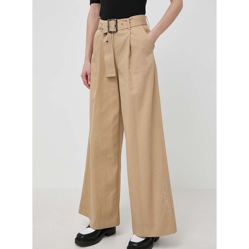 Kalhoty Karl Lagerfeld dámské, béžová barva, jednoduché, high waist