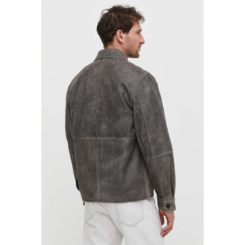 Kožená bunda Samsoe Samsoe SATOM pánská, šedá barva, přechodná, M24100031