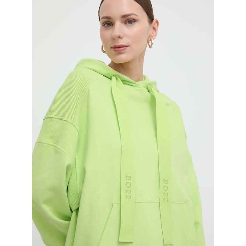 Bavlněná mikina Boss Orange dámská, zelená barva, s kapucí, hladká