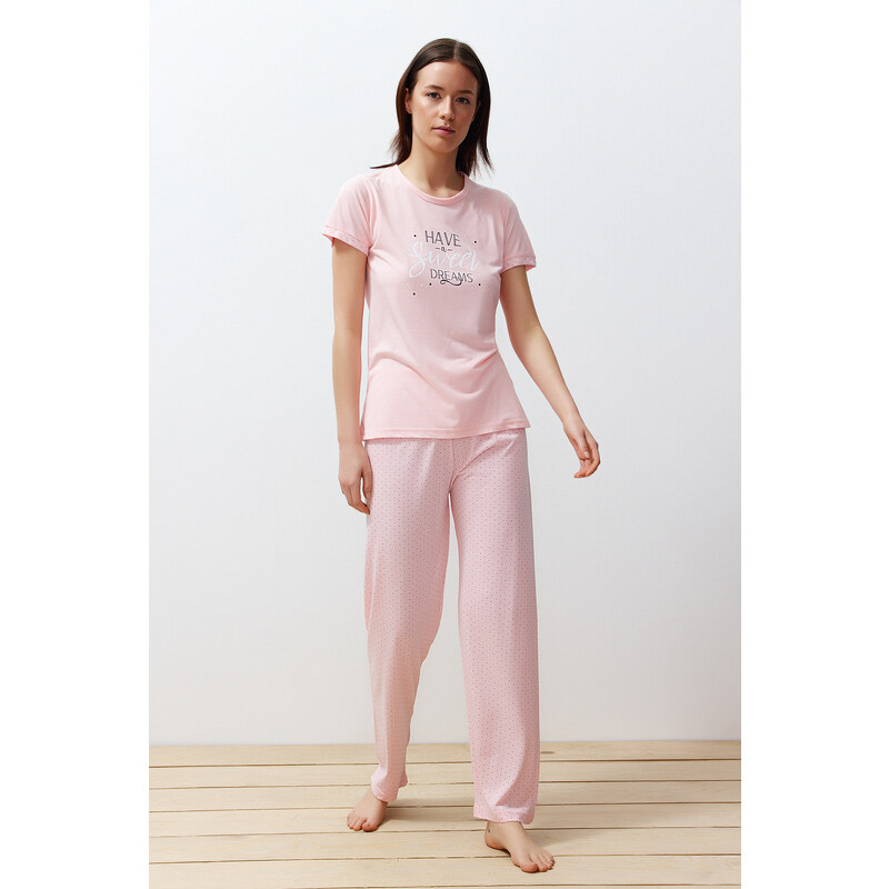 Trendyol Powder Slogan Printed Polka Dot Knitted Pajamas Set