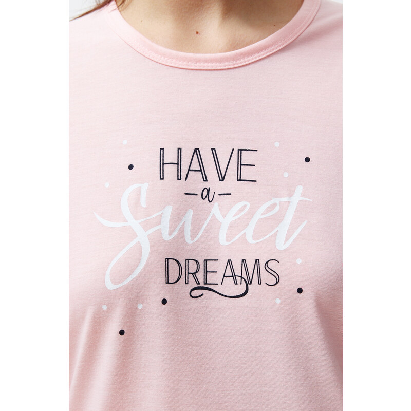 Trendyol Powder Slogan Printed Polka Dot Knitted Pajamas Set