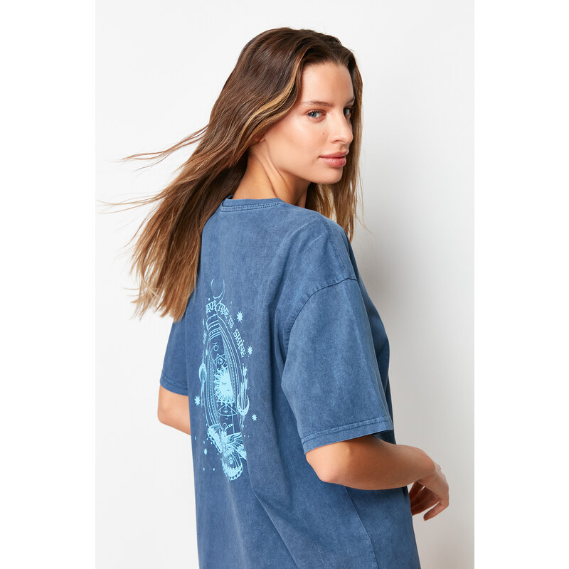 Trendyol Indigo 100% Cotton Faded Effect Back Printed Oversize Crew Neck Knitted T-Shirt