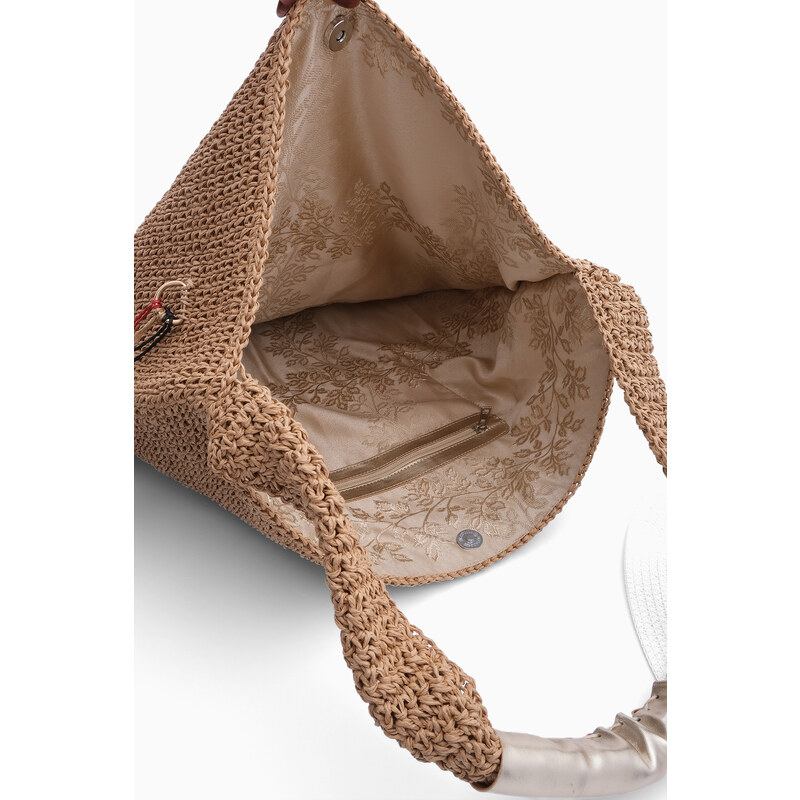 Marjin Women's Handmade Gold Handle Detail Tasseled Shoulder Bag Cayes Natural Straw