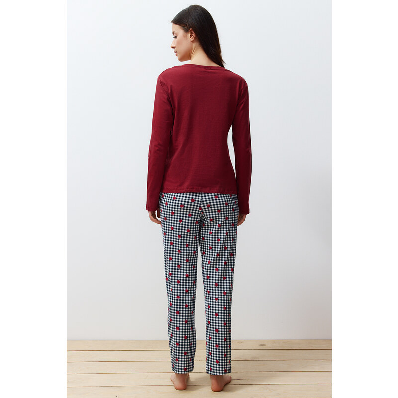 Trendyol Burgundy 100% Cotton Fruit Printed Plaid Knitted Pajamas Set