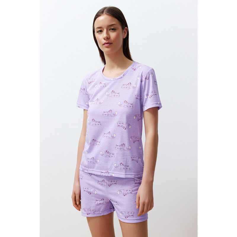 Trendyol Lilac Cotton Animal Pattern Knitted Pajamas Set