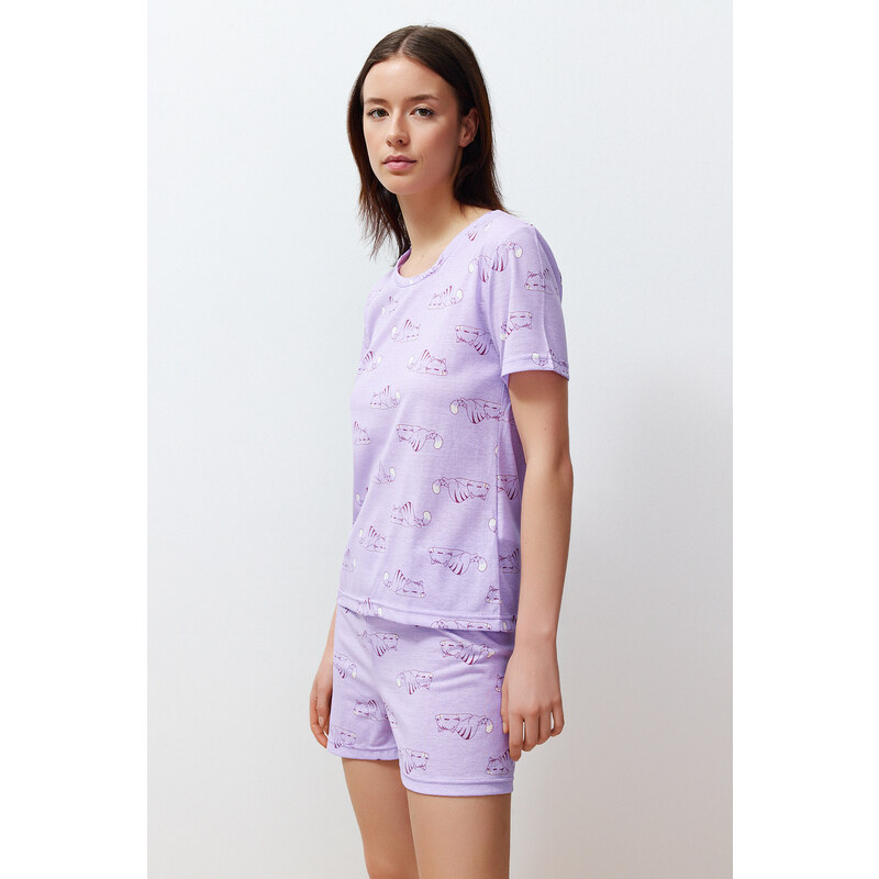 Trendyol Lilac Cotton Animal Pattern Knitted Pajamas Set