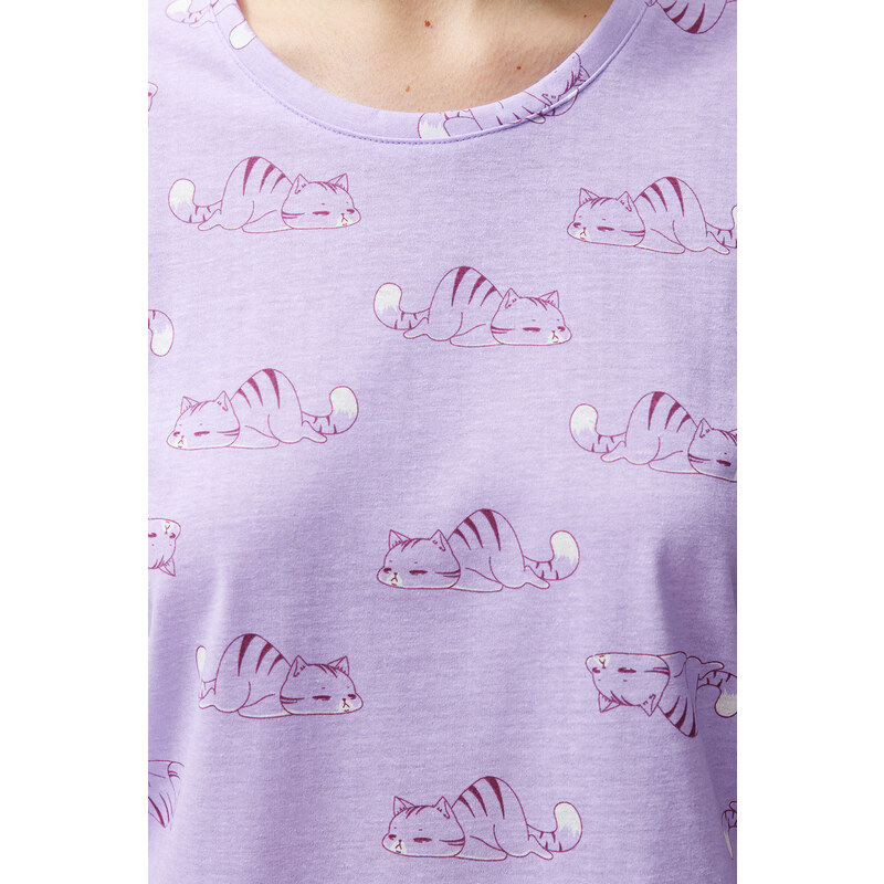 Trendyol Lilac Cotton Animal Pattern Knitted Pajamas Set