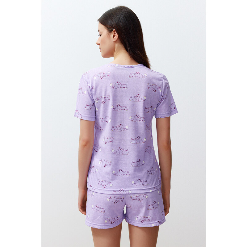 Trendyol Lilac Cotton Animal Pattern Knitted Pajamas Set