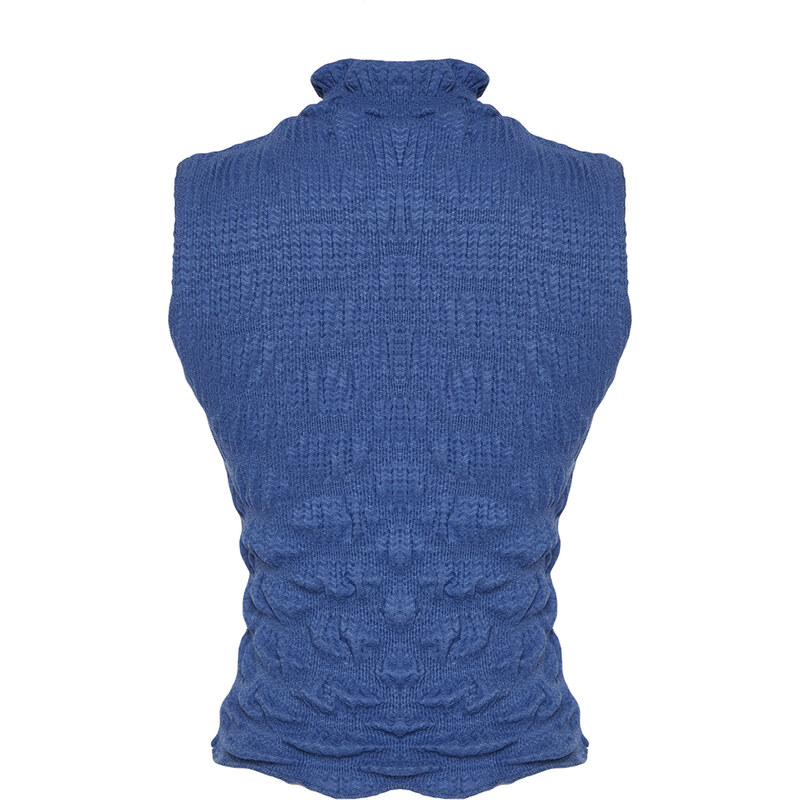 Trendyol Indigo Premium High Neck Fitted Crop Textured Stretch Knitted Blouse