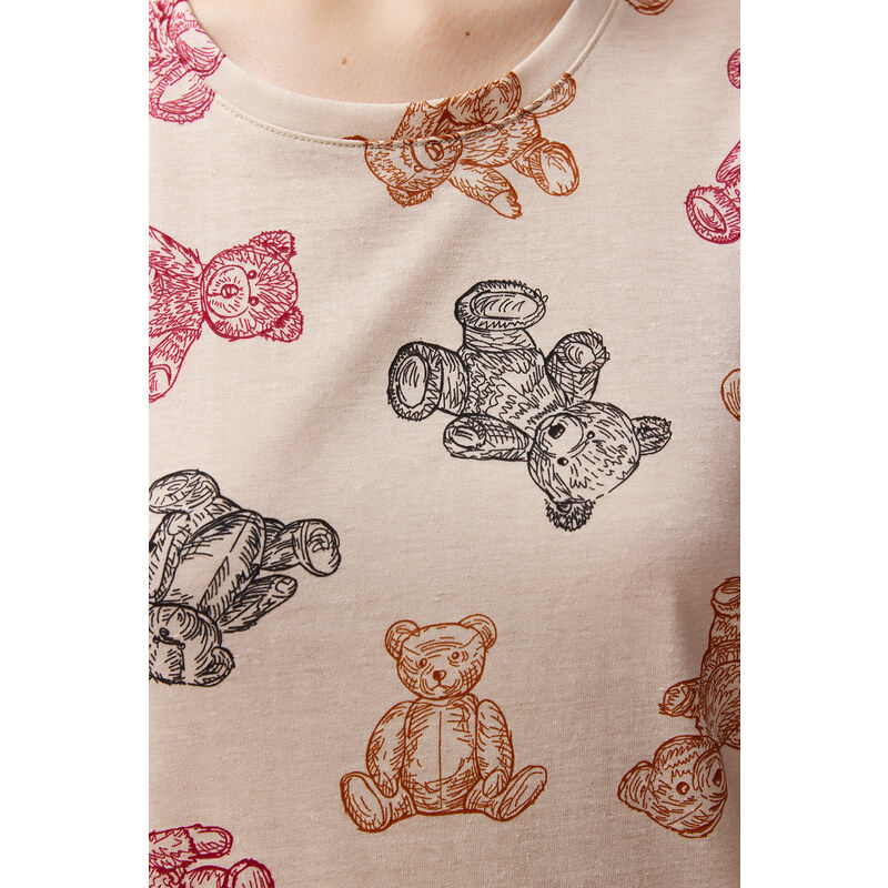 Trendyol Multi Color Cotton Teddy Bear Pattern Capri Knitted Pajamas Set