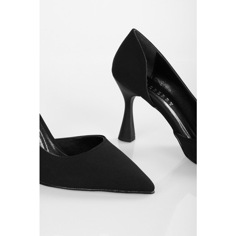 Shoeberry Women's Lucas Black Matte Satin Asymmetric Cut Heel Shoes Stiletto