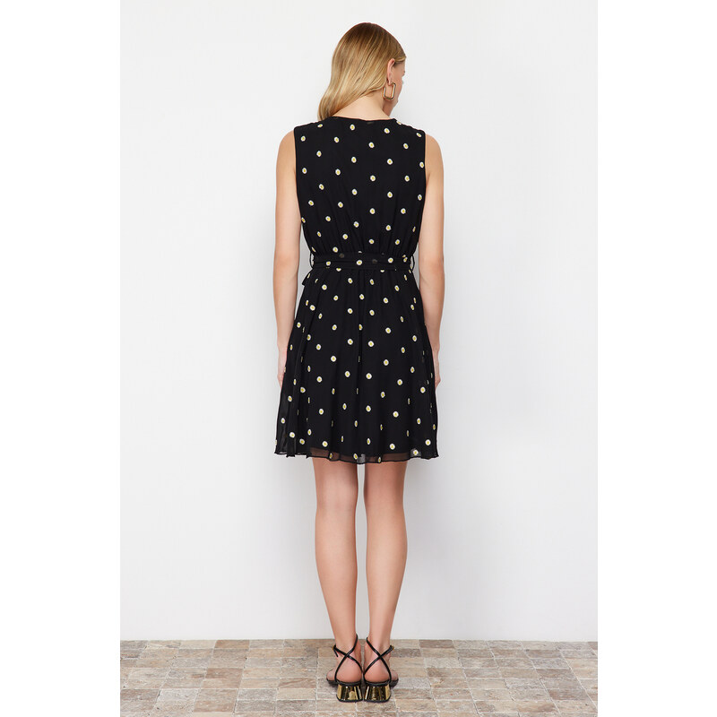 Trendyol Chiffon Woven Mini Dress with Flounce Embroidered Black Skirt