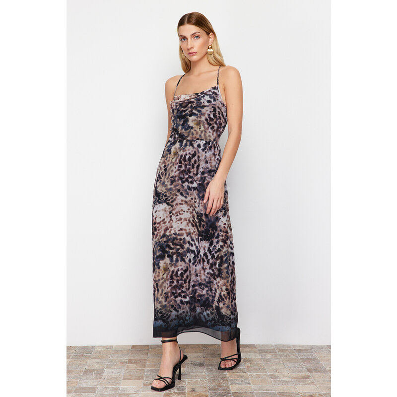 Trendyol Limited Edition Brown Animal Print Chiffon Lined Maxi Woven Dress