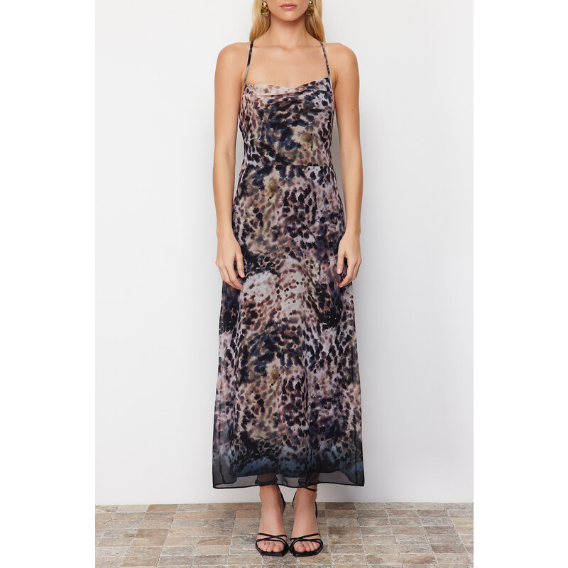 Trendyol Limited Edition Brown Animal Print Chiffon Lined Maxi Woven Dress