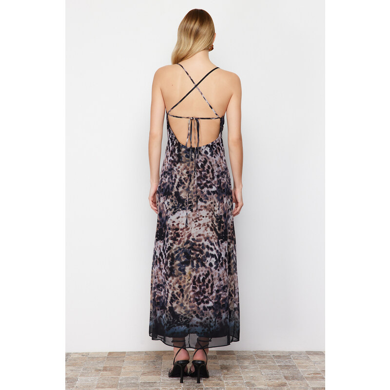 Trendyol Limited Edition Brown Animal Print Chiffon Lined Maxi Woven Dress