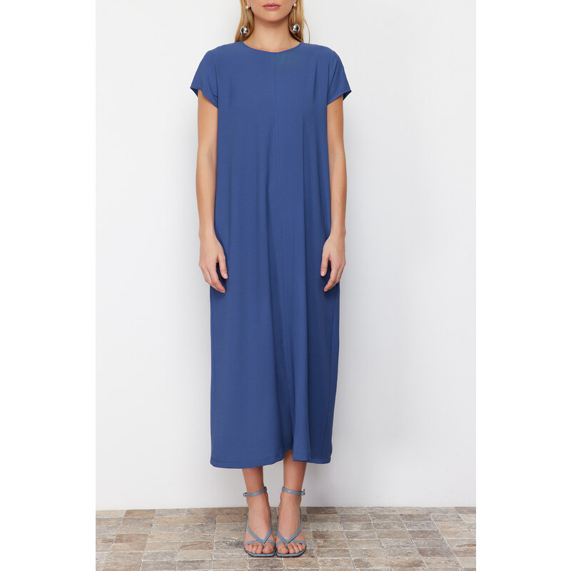 Trendyol Blue Straight Cut Crew Neck Pocket Detailed Aerobin Woven Midi Dress