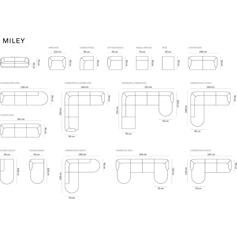 Černá sametová rohová pohovka do "U" MICADONI Miley 335 cm, pravá