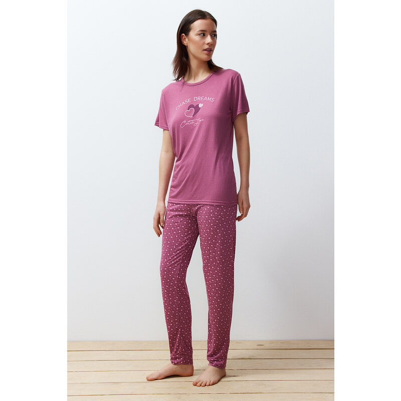 Trendyol Pale Pink Heart Knitted Pajamas Set