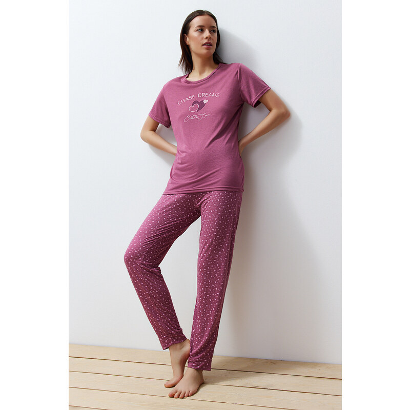 Trendyol Pale Pink Heart Knitted Pajamas Set