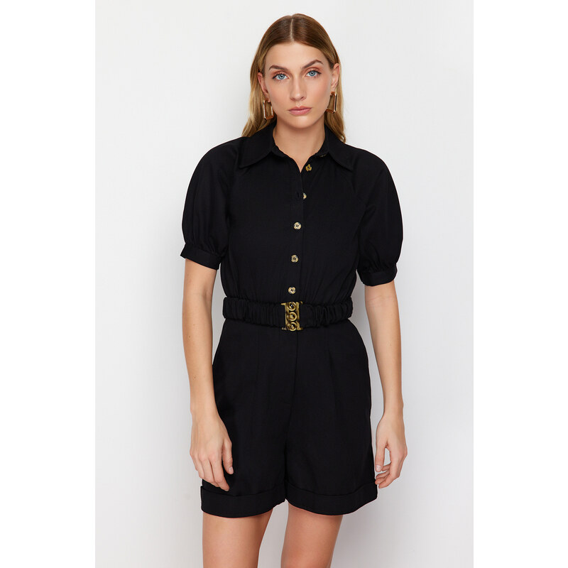 Trendyol Black Belted Shirt Collar Mini Woven Jumpsuit