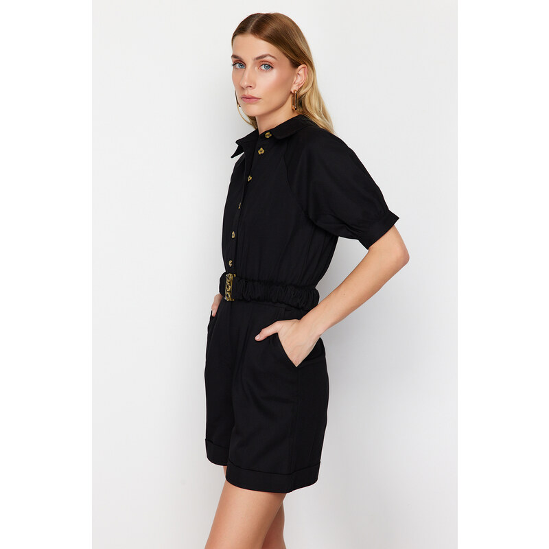 Trendyol Black Belted Shirt Collar Mini Woven Jumpsuit