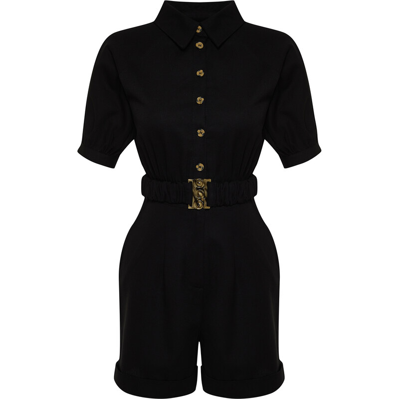 Trendyol Black Belted Shirt Collar Mini Woven Jumpsuit