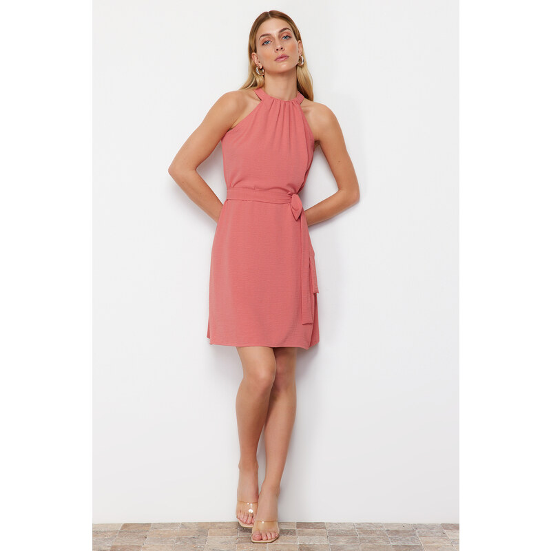 Trendyol Pink Belted Plain Fit Halter Neck Aerobin Woven Mini Dress