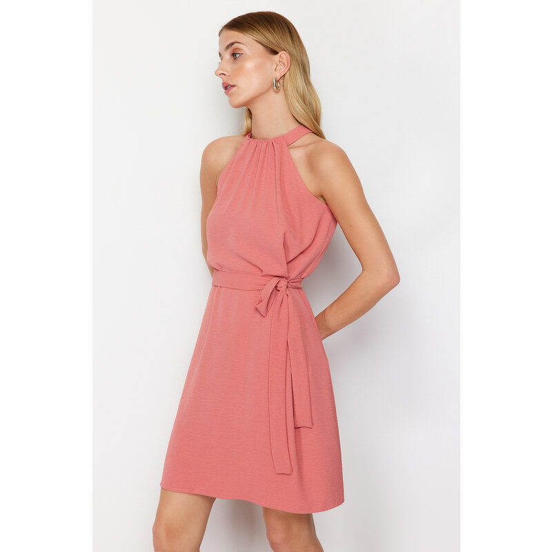 Trendyol Pink Belted Plain Fit Halter Neck Aerobin Woven Mini Dress