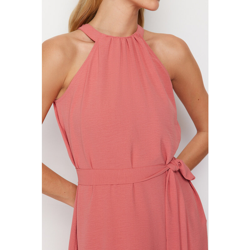 Trendyol Pink Belted Plain Fit Halter Neck Aerobin Woven Mini Dress