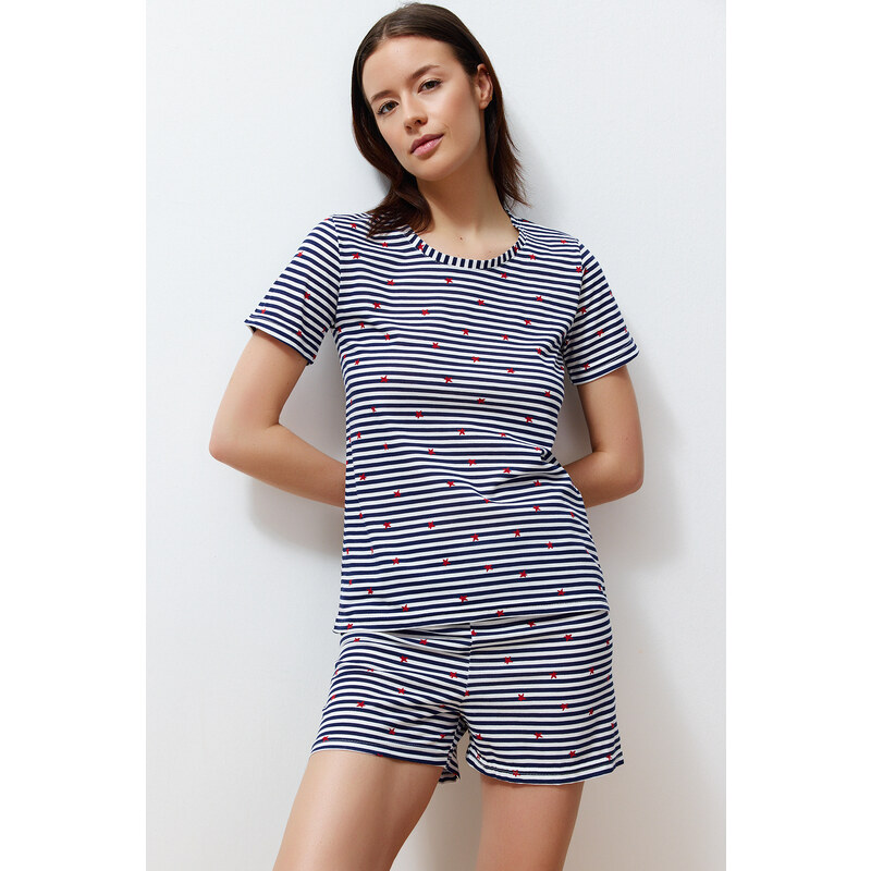 Trendyol Navy Blue Cotton Striped Knitted Pajamas Set