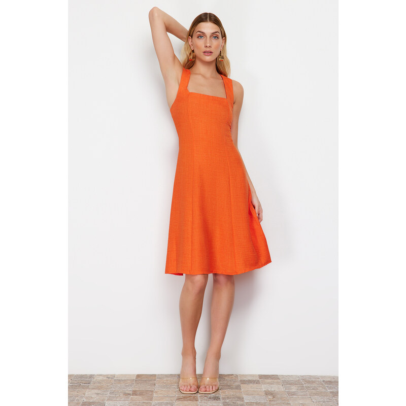 Trendyol Orange Square Neck A-Line/A-Line Form Mini Woven Dress