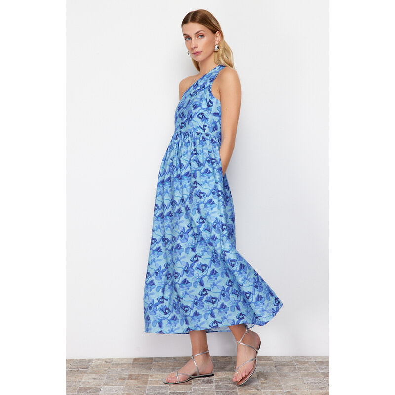Trendyol Blue Floral Print A-line One Shoulder Midi Woven Dress