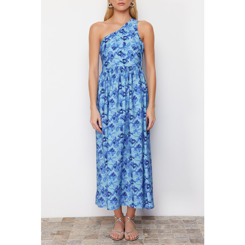 Trendyol Blue Floral Print A-line One Shoulder Midi Woven Dress