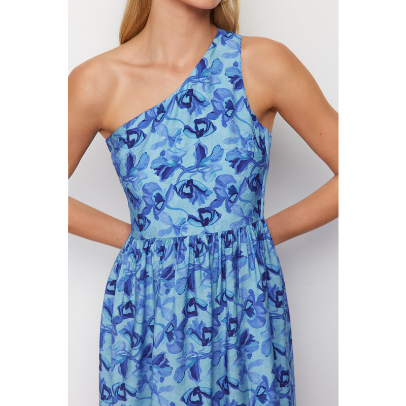 Trendyol Blue Floral Print A-line One Shoulder Midi Woven Dress