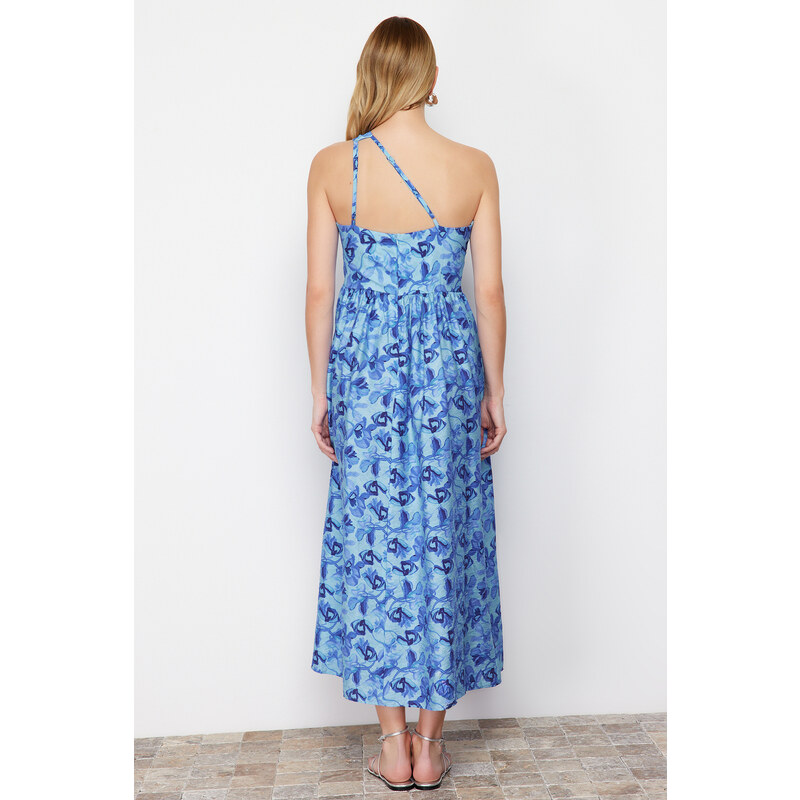 Trendyol Blue Floral Print A-line One Shoulder Midi Woven Dress