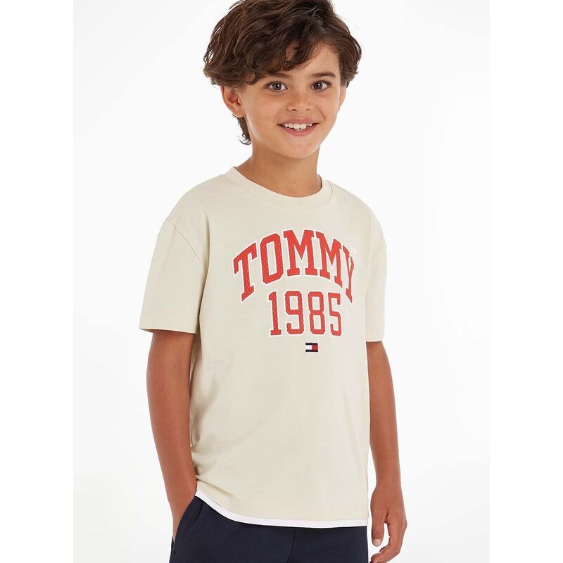 Dětské bavlněné tričko Tommy Hilfiger béžová barva, s potiskem
