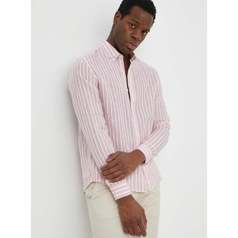 Lněná košile Michael Kors růžová barva, regular, s límečkem button-down