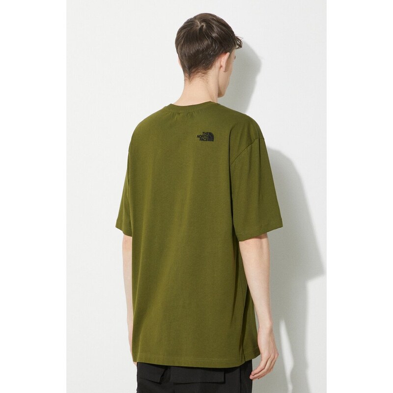 Bavlněné tričko The North Face M S/S Essential Oversize Tee zelená barva, s aplikací, NF0A87NRPIB1