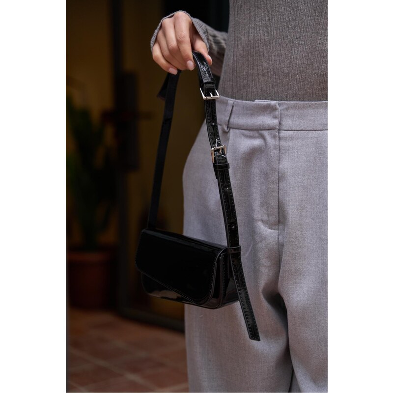 Madamra Black Patent Leather Women's Asymmetric Cut Cuff Bag