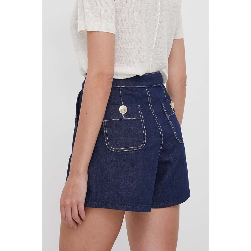 Džínové šortky Emporio Armani dámské, tmavomodrá barva, hladké, high waist, 3D2J6D 2DM1Z