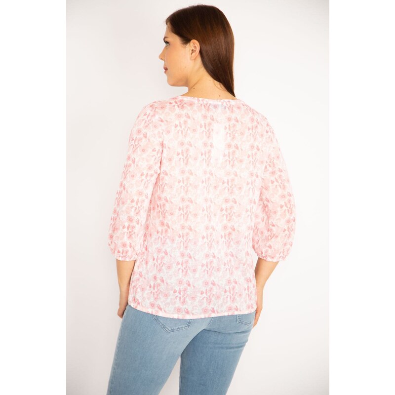 Şans Women's Plus Size Pink Patterned Blouse with Elastic Hem and Arms