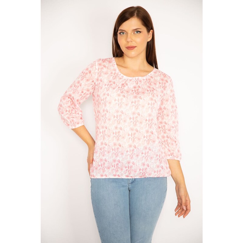 Şans Women's Plus Size Pink Patterned Blouse with Elastic Hem and Arms