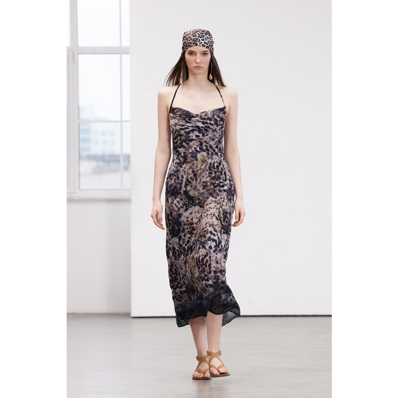 Trendyol Limited Edition Brown Animal Print Chiffon Lined Maxi Woven Dress