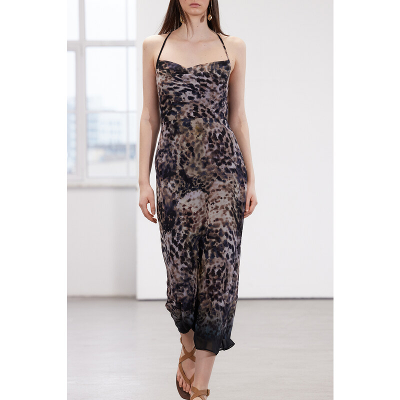 Trendyol Limited Edition Brown Animal Print Chiffon Lined Maxi Woven Dress