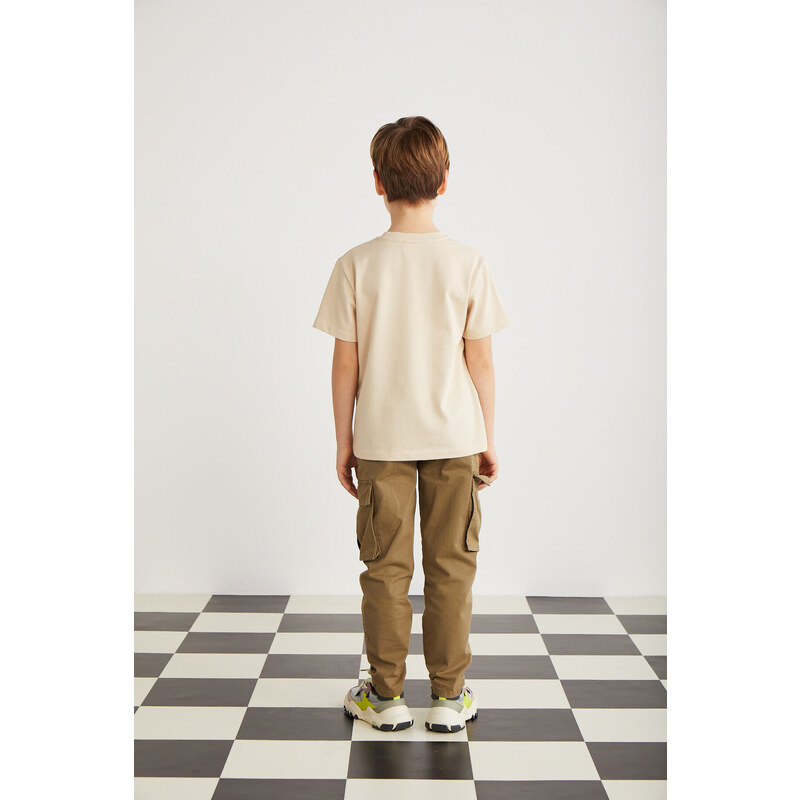 GRIMELANGE Lorenz Boys 100% Cotton Crew Neck Relaxed Fit Short Sleeve Beige T-shir