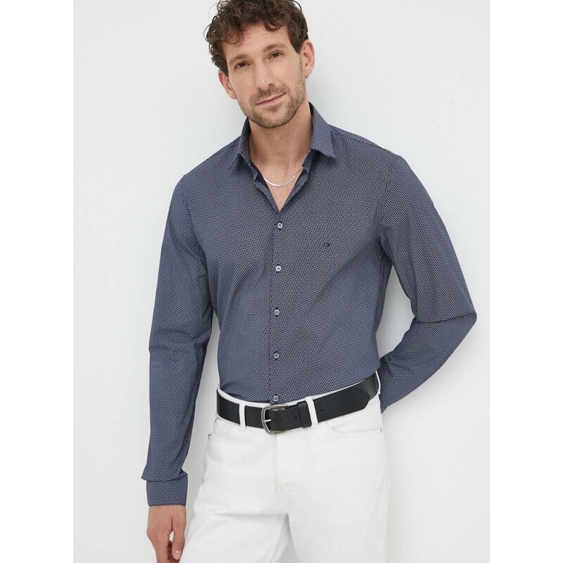 Košile Calvin Klein pánská, tmavomodrá barva, slim, s klasickým límcem
