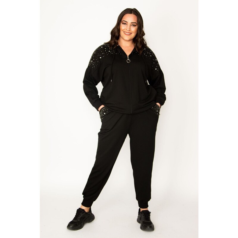 Şans Women's Plus Size Black Pearl Detailed Hooded Tracksuit Suit