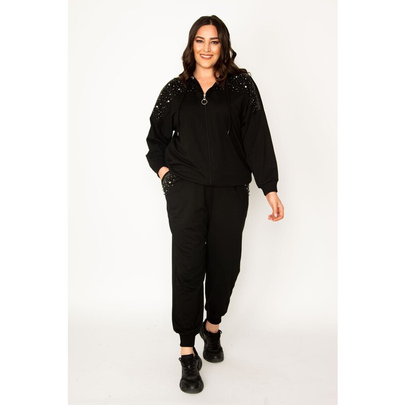 Şans Women's Plus Size Black Pearl Detailed Hooded Tracksuit Suit