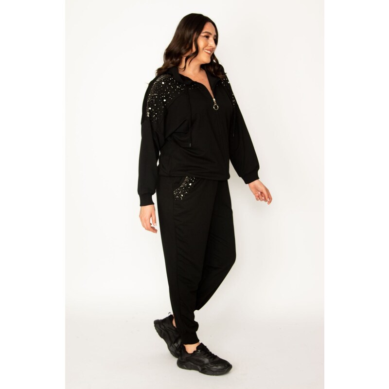 Şans Women's Plus Size Black Pearl Detailed Hooded Tracksuit Suit