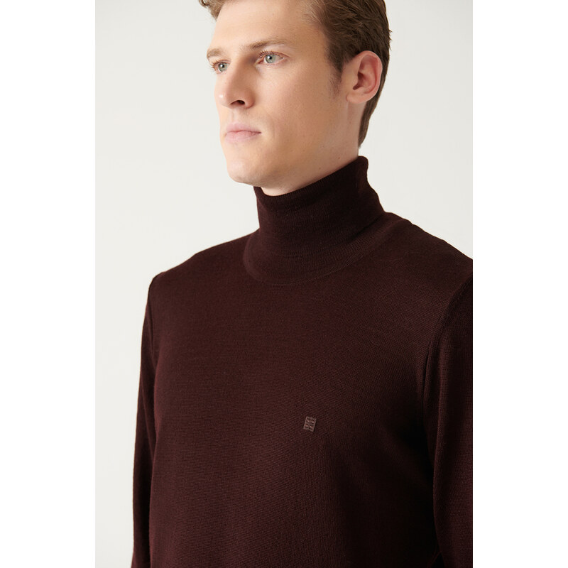 Avva Men's Burgundy Full Turtleneck Wool Blended Regular Fit Knitwear Sweater